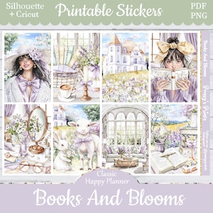 Printable Planner Stickers, Happy Planner, Books and Blooms, Vertical, Weekly Kit, Free Silhouette, Spring, Lamb, Bunny, Floral, Cottagecore