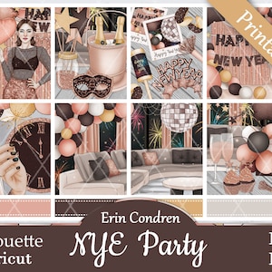 Printable Planner Stickers, Erin Condren, NYE Party, Vertical, Weekly Kit, Free Silhouette Cut Files, Balloons, 2024, New Year, Cake, EC