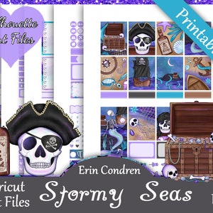 Printable Planner Stickers, Erin Condren, Stormy Seas, Vertical, Weekly Kit, Free Silhouette Cut Files, Pirates, Siren, Ship, Ocean, EC