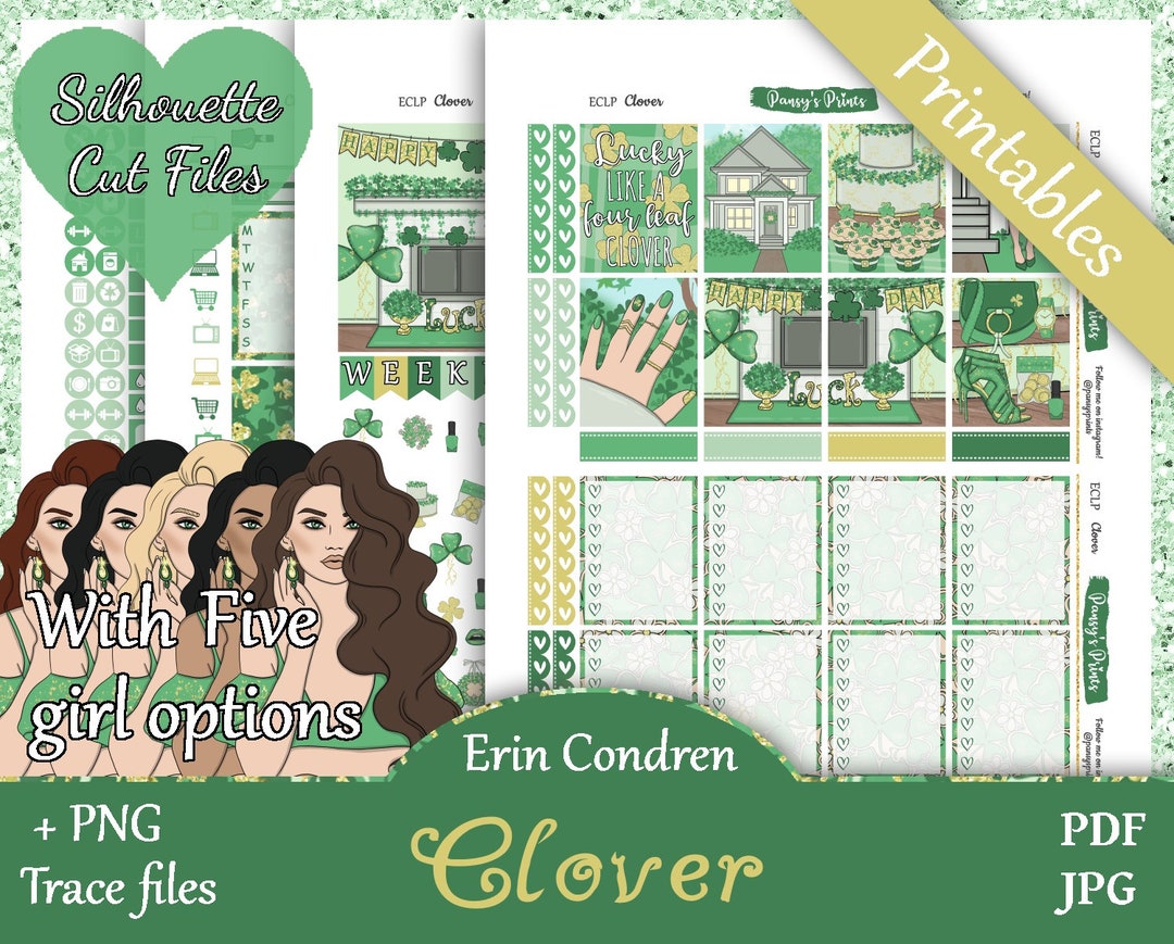 Printable Planner Stickers, Erin Condren, Vertical, Weekly Kit, Clover ...
