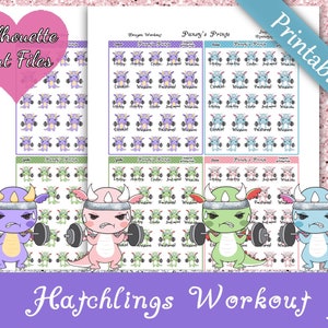 Printable Planner Stickers, Hatchlings Workout, Functional, Cute, Dragons, Cardio, Leg Day, Arm Day, Ab Day, Exercise, Spyro, Nessie, Yoshi
