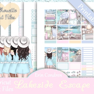 Printable Planner Stickers, Erin Condren, Lakeside Escape, Vertical, Weekly Kit, Free Silhouette Cut Files, Books, Coffee, Lake, Boating, EC