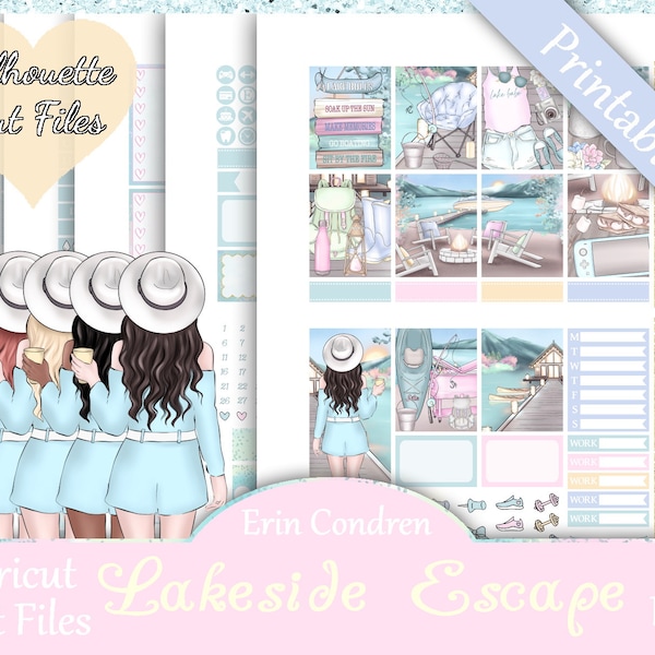 Printable Planner Stickers, Erin Condren, Lakeside Escape, Vertical, Weekly Kit, Free Silhouette Cut Files, Books, Coffee, Lake, Boating, EC
