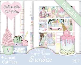 Printable Planner Stickers, Happy Planner, Sundae, Classic, MAMBI, Weekly Kit, Free Silhouette Cut Files, Pastel, Sweets, Ice Cream, Summer