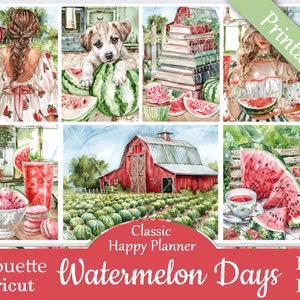 Printable Planner Stickers, Happy Planner, Watermelon Days, Classic, MAMBI, Weekly Kit, Free Silhouette Cut Files, Ice Cream, Puppy, Patch