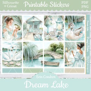 Printable Planner Stickers, Erin Condren, Dream Lake, Vertical, Weekly Kit, Free Silhouette, Frog, Duck, Swan, Painting, Artist, Coquette