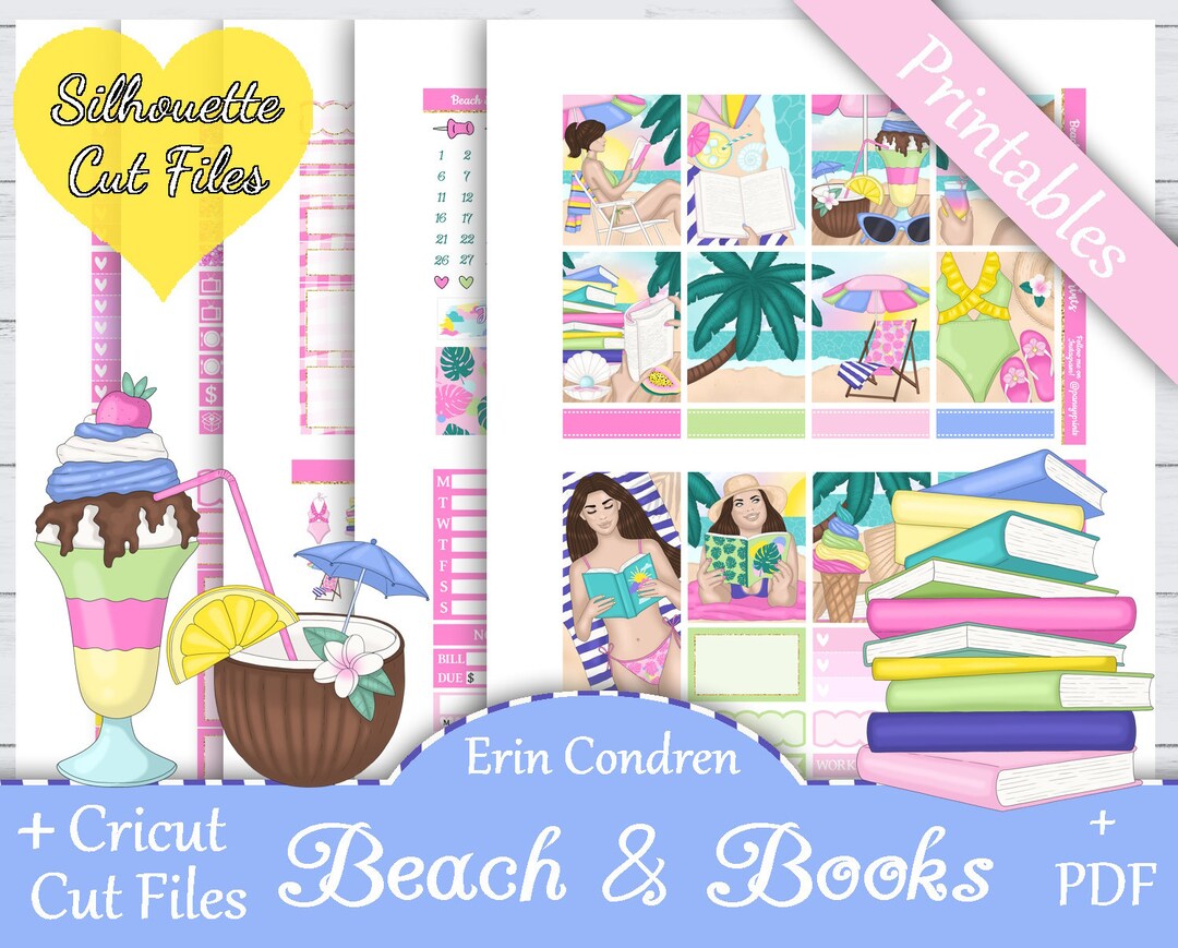 Printable Planner Stickers, Erin Condren, Beach & Books, Vertical ...