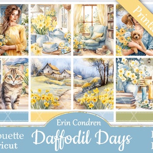 May include: A set of printable digital planner stickers featuring a watercolour illustration of daffodils, a cat, a woman, and a country scene. The stickers are designed for use with Erin Condren planners and are available in PDF and PNG formats.