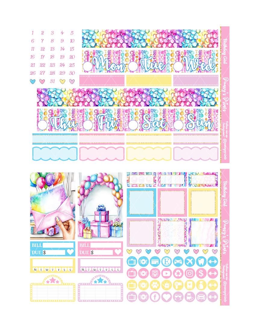 Printable Planner Stickers, Happy Planner, Birthday Girl, Vertical ...
