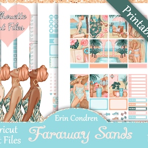 May include: A printable planner sticker set with a tropical theme. The stickers feature illustrations of women in swimsuits, palm trees, a pool, and the text "Faraway Sands".