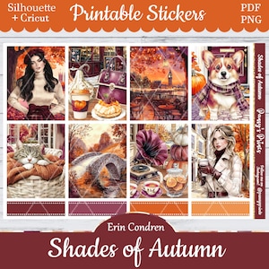 Könnte beinhalten: Ein Bogen mit bedruckbaren Aufklebern zum Thema Herbst. Die Aufkleber zeigen Illustrationen einer Frau, eines Cafés, eines Corgis, einer Katze, einer Brücke, eines Grammophons und einer Frau, die Kaffee hält. Der Text "Shades of Autumn" ist ebenfalls vorhanden.