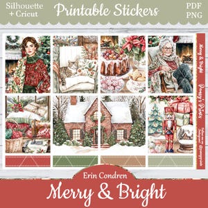 Printable Planner Stickers, Erin Condren, Merry & Bright, Vertical, Weekly Kit, Free Silhouette, Cat, Cake, Grandma, Cookies, Toasty, Cozy