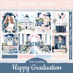 Printable Planner Stickers, Erin Condren, Happy Graduation, Vertical, Weekly Kit, Free Silhouette, Grad, Congrats, Owl, School, Teacher, EC