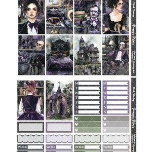 May include: A set of printable planner stickers with a dark academia theme. The stickers feature illustrations of a raven, a spooky house, a skeleton, and a woman in a black dress. The stickers also include a weekly planner, a daily planner, and a work section.