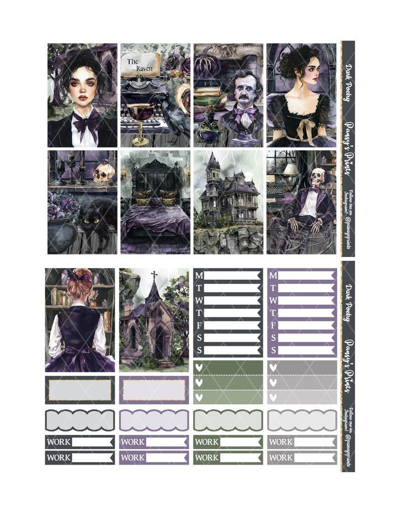 May include: A set of printable planner stickers with a dark academia theme. The stickers feature illustrations of a raven, a spooky house, a skeleton, and a woman in a black dress. The stickers also include a weekly planner, a daily planner, and a work section.