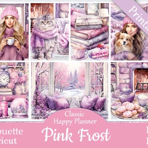 May include: Printable planner stickers featuring a winter theme with a pink color scheme. The stickers include images of a woman with a pink hat and scarf, a cat wearing a scarf, a window with a snowy view, a fireplace, and a cup of coffee. The text "Classic Happy Planner Pink Frost" is included on the stickers.