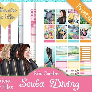 Printable Planner Stickers, Erin Condren, Scuba Diving, Vertical, Weekly Kit, Free Silhouette Cut Files, Boat, Fish, Fruit, Sea, Ocean, EC