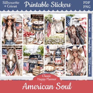 Printable Planner Stickers, Happy Planner, American Soul, Vertical, Weekly Kit, Free Silhouette, 4th of July, Horse, Food, BBQ, Eagle, Pie