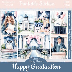 Printable Planner Stickers, Happy Planner, Happy Graduation, Vertical, Weekly Kit, Free Silhouette, Grad, Congrats, Owl, School, Hustle, HP