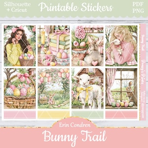 Printable Planner Stickers, Erin Condren, Bunny Trail, Vertical, Weekly Kit, Free Silhouette, Spring, Lamb, Easter, Floral, Cottagecore, EC