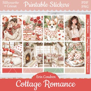 Printable Planner Stickers, Erin Condren, Cottage Romance, Vertical, Weekly Kit, Free Silhouette, Cat, Corgi, Dog, Lovers, Sweets, Girly, EC