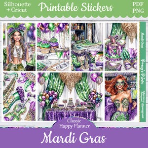 Printable Planner Stickers, Happy Planner, Mardi Gras, Vertical, Weekly Kit, Free Silhouette, Food, Cake, Sweets, Drinks, Jazz, Party, Gator