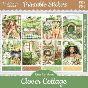 May include: Printable stickers featuring a green, white and gold colour scheme with a whimsical Irish theme. The stickers include a girl wearing a green hat, a cat, a cottage, a pot of gold, and a fireplace.