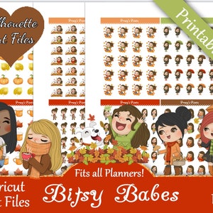 Afdrukbare Planner Stickers, Bitsy Babes, Functioneel, Leuke Meisjes, Herfst, Herfst, Regen, Koffie, Warme chocolademelk, Thee, Pompoenen, Hark Bladeren, Hond, Pup