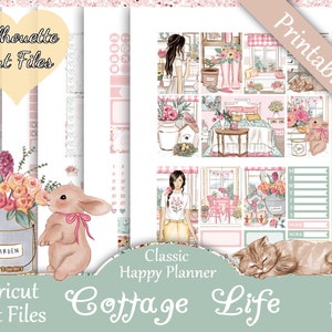 Printable Planner Stickers, Happy Planner, Cottage Life, Classic, MAMBI, Weekly Kit, Free Silhouette Cut Files, Cat, Bunny, Cute, Floral, HP
