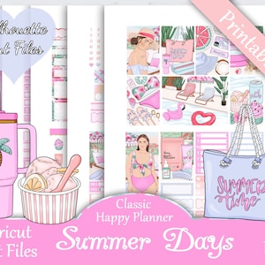 Printable Planner Stickers, Happy Planner, Summer Days, Classic, MAMBI, Weekly Kit, Free Silhouette Cut Files, Pool, Dog, Swimming, Pink, HP