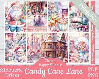 Printable Planner Stickers, Happy Planner, Candy Cane Lane, Classic, MAMBI, Weekly Kit, Free Silhouette Cut Files, Cat, Train, Snow, Deer