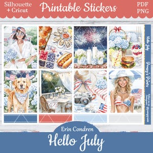 Printable Planner Stickers, Erin Condren, Hello July, Vertical, Weekly Kit, Free Silhouette, Summer, Horse, Food, BBQ, Dog, Beach, Fireworks