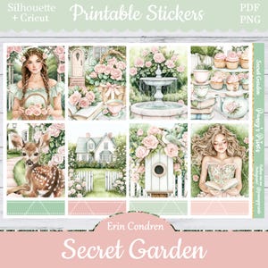 May include: A set of printable stickers featuring a secret garden theme. The stickers include images of a girl with a basket of flowers, a house with a white picket fence, a birdhouse, a fountain, a deer, and a girl reading a book. The stickers are designed for use with Erin Condren planners.