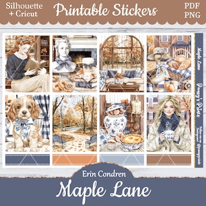 May include: Printable stickers featuring a fall theme with illustrations of a woman reading, a dog, a park scene, and a woman holding a cup. The stickers include the text "Maple Lane" and "Erin Condren".
