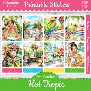 Printable Planner Stickers, Erin Condren, Hot Tropic, Vertical, Weekly Kit, Free Silhouette, Parrot, Heatwave, Monkey, Coloring, Books, EC