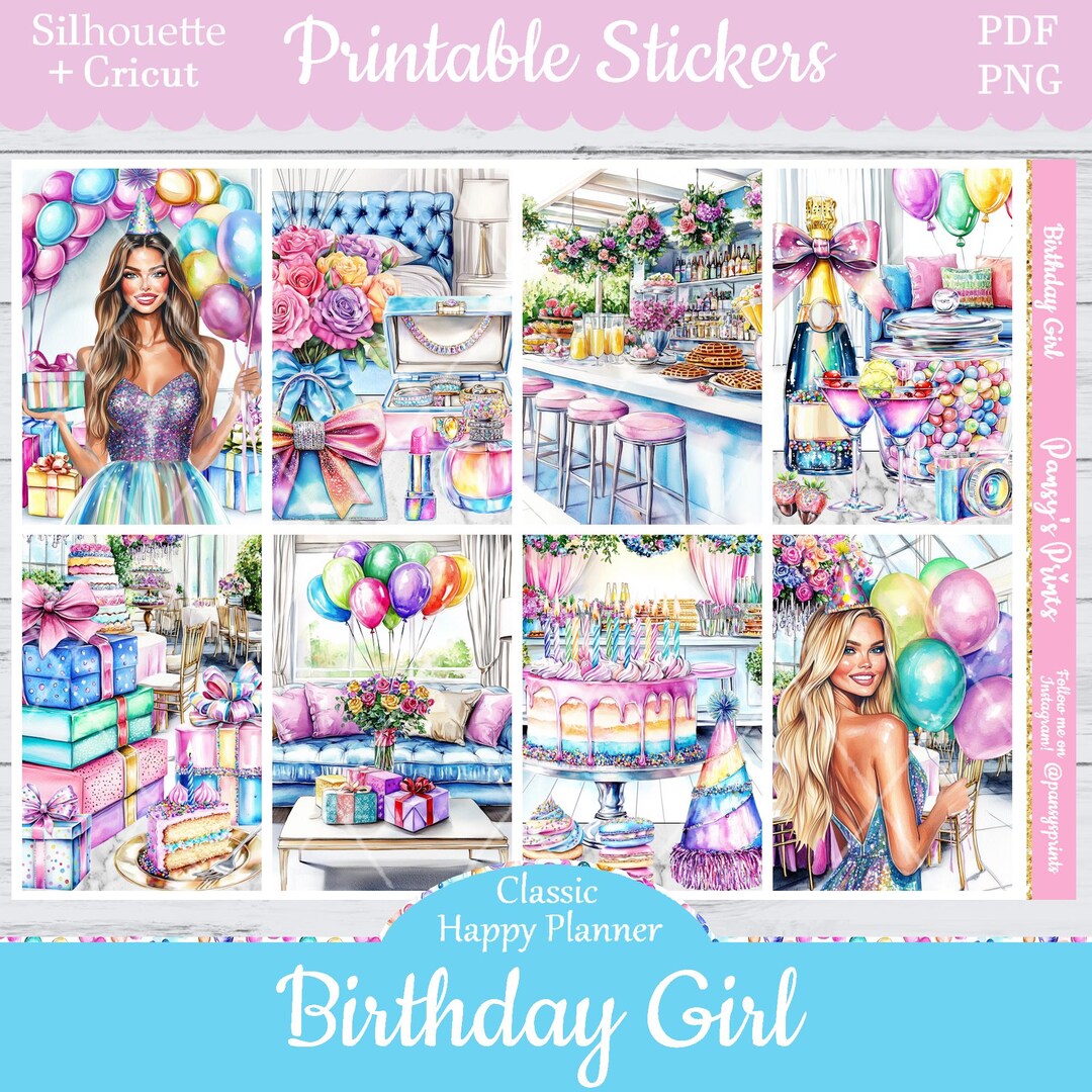 Printable Planner Stickers, Happy Planner, Birthday Girl, Vertical ...