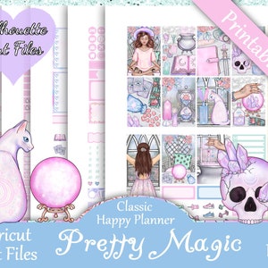 Printable Planner Stickers, Happy Planner, Pretty Magic, Classic, MAMBI, Weekly Kit, Free Silhouette Cut Files, Cat, Spells, Hex, Books, HP