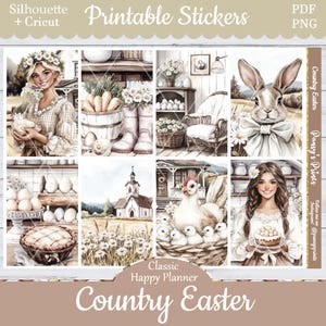 Printable Planner Stickers, Happy Planner, Country Easter, Vertical, Weekly Kit, Free Silhouette, Spring, Dog, Bunny, Daisy, Cottage, Farm
