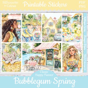 Printable Planner Stickers, Happy Planner, Bubblegum Spring, Vertical, Weekly Kit, Free Silhouette, Cat, Dog, Floral, Candy, Bloom, Gumdrop