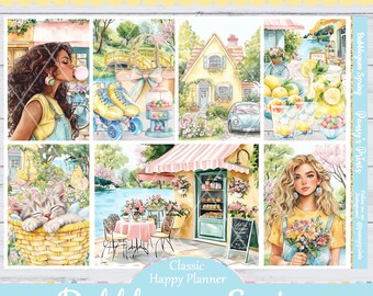 Op de afbeelding: Een set bedrukbare stickers met een eigenzinnig lentethema met illustraties van een meisje dat een bel blaast, een geel huis, een limonadestand, een kat in een mand, een café en een meisje dat bloemen vasthoudt. De stickers zijn ontworpen voor gebruik in een klassieke happy planner.