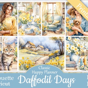 Op de afbeelding: Een set printbare digitale planner stickers met een narcissen thema. De stickers bevatten een vrouw die een bos narcissen vasthoudt, een kat, een huis, een vaas met narcissen en een vrouw die een hond vasthoudt. De stickers zijn perfect om een vleugje lente aan je planner toe te voegen.