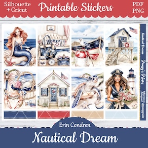 Printable Planner Stickers, Erin Condren, Nautical Dream, Vertical, Weekly Kit, Free Silhouette, Summer, Ship, Seashell, Turtle, Boat, Nauti