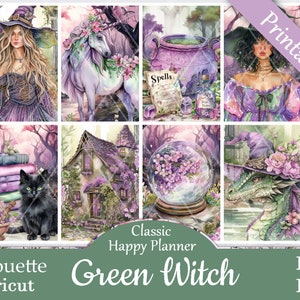 Printable Planner Stickers, Happy Planner, Green Witch, Classic, MAMBI, Weekly Kit, Free Silhouette Cut Files, Spring, Wiccan, Enchanted, HP