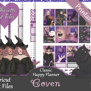 Printable Planner Stickers, Happy Planner, Coven, Classic, MAMBI, Weekly Kit, Free Silhouette Cut Files, Spooky, Cat, Spider, Crow, Fall, HP