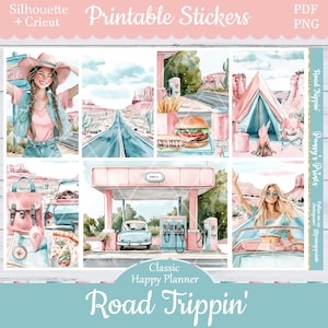 Printable Planner Stickers, Happy Planner, Road Trippin, Vertical, Weekly Kit, Free Silhouette, Fast Food, Trip, Vacation, Getaway, Travel