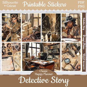 May include: A set of printable stickers featuring a detective theme. The stickers include images of a woman in a trench coat, a city street scene, a detective's office, and a woman reading a book. The stickers are designed for use in a classic happy planner.