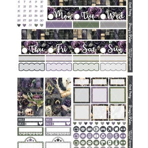 May include: A set of printable planner stickers with a dark academia theme. The stickers feature a dark purple and green colour scheme with illustrations of books, roses, and skulls. The stickers include a calendar, days of the week, bill due reminders, and various icons.