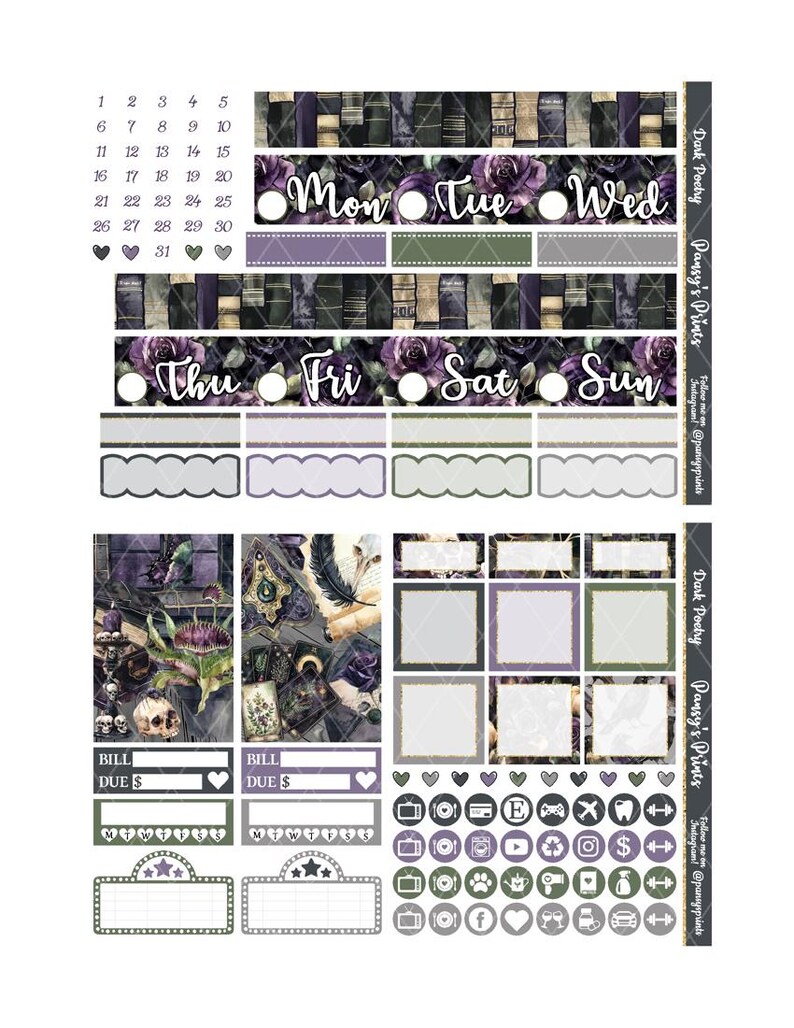 May include: A set of printable planner stickers with a dark academia theme. The stickers feature a dark purple and green colour scheme with illustrations of books, roses, and skulls. The stickers include a calendar, days of the week, bill due reminders, and various icons.