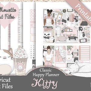 Printable Planner Stickers, Happy Planner, Kitty, Classic, MAMBI, Weekly Kit, Free Silhouette Cut Files, Cat, Pink, Cute, Coffee, Books, HP