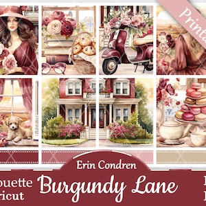 Printable Planner Stickers, Erin Condren, Burgundy Lane, Vertical, Weekly Kit, Free Silhouette Cut Files, Spring, Dog, Cat, Flowers, Rainy